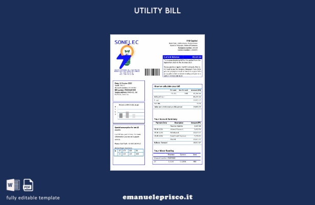 modello word di bolletta delle utenze Comore Sonelec in stile verificato